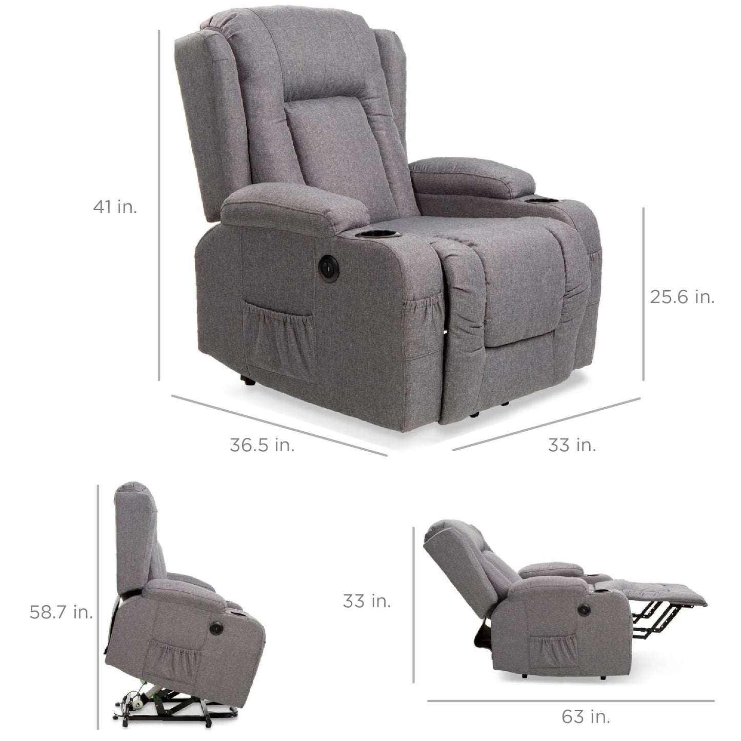 Best Choice Products Modern Linen Electric Power Lift Chair, Recliner Massage Chair, Adjustable Furniture for Back, Legs w/ 3 Positions, USB Port, Heat, Cupholders, Easy-to-Reach Button - Gray