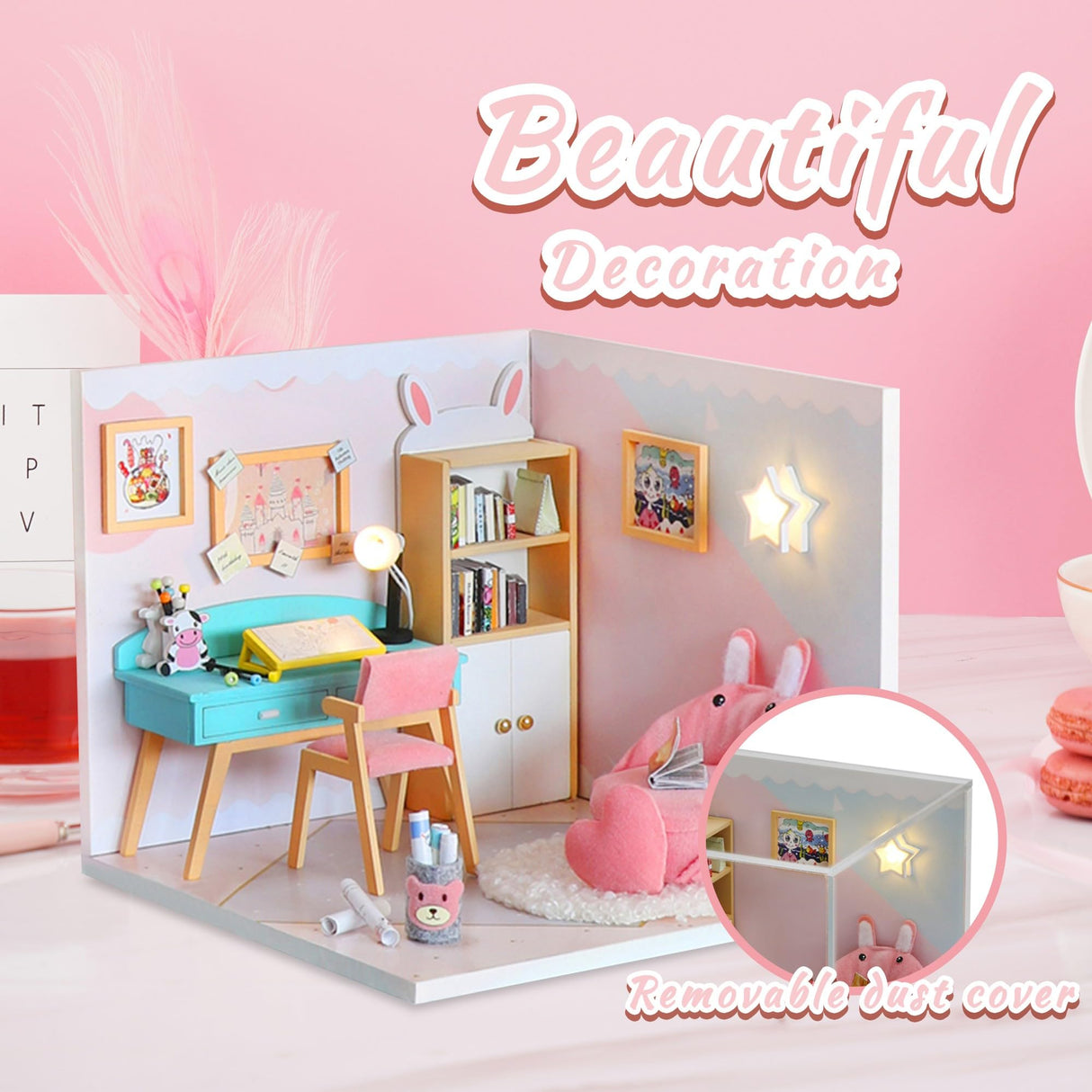 Kisoy Dollhouse Miniature with Furniture Kit, DIY 3D Wooden DIY House Kit A Corner of a Small Apartment Style with Dust Cover & LED,Handmade Tiny House Toys for Kids Adults Gift (Study Room) Kisoy