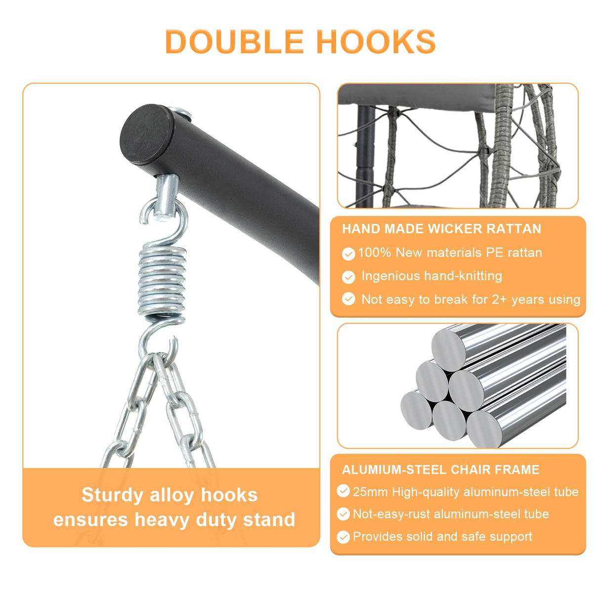 Egg Chair Indoor Outdoor, Foldable Hanging Egg Chair with Stand, Patio Swing Egg Chairs, UV Resistant Removable &Washable Thicken Padded Cushions, 350LBS Capacity for Bedroom, Balcony, Dark Gray HiDSLiving