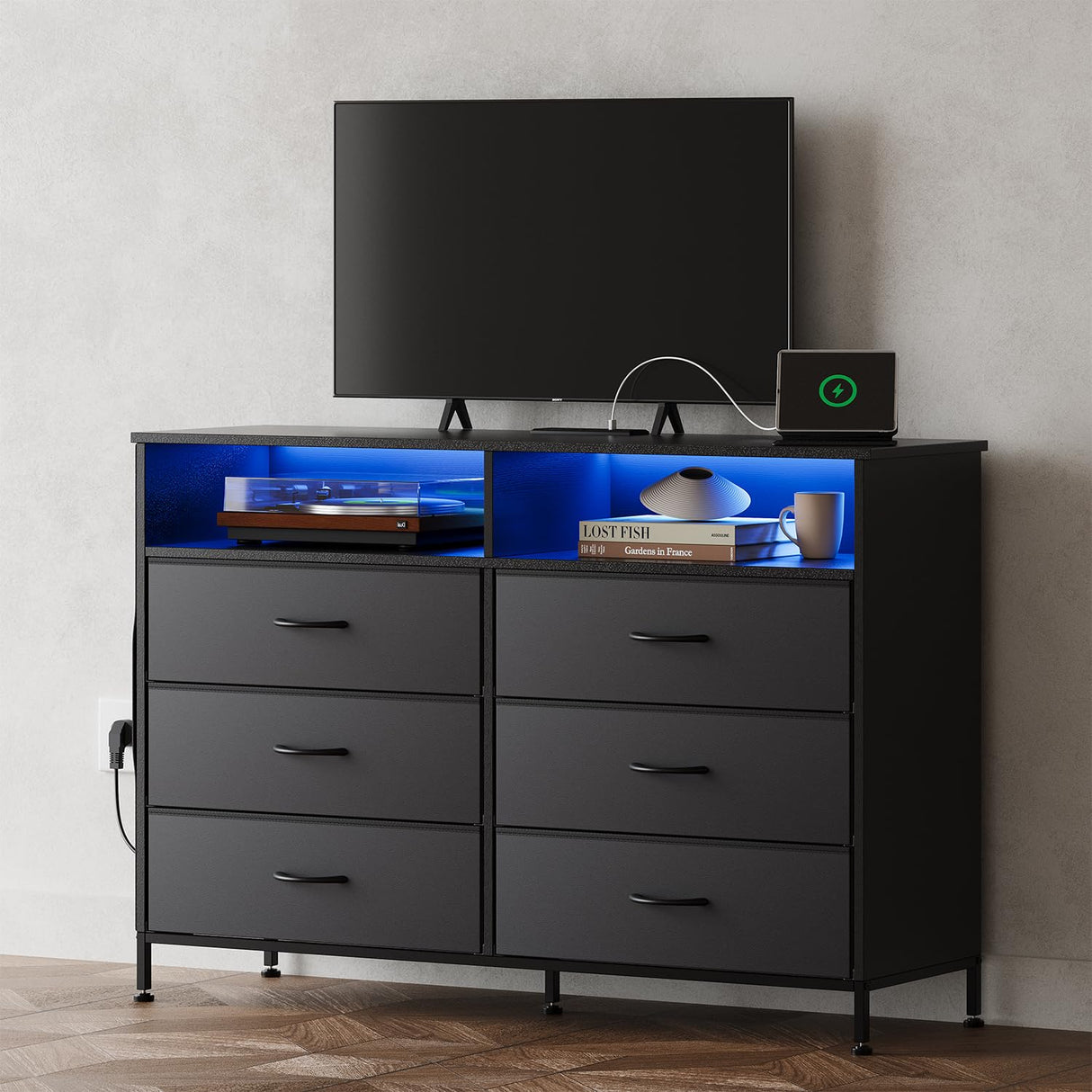 OtterOasis Dresser for Bedroom with LED Lights and Charging Station, Fabric Black Bedroom Dresser 6 Long Drawers Dressers, Tall Wide Chest of Drawers TV Stand OtterOasis
