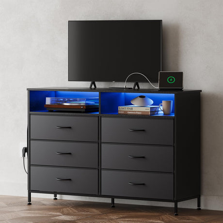 OtterOasis Dresser for Bedroom with LED Lights and Charging Station, Fabric Black Bedroom Dresser 6 Long Drawers Dressers, Tall Wide Chest of Drawers TV Stand OtterOasis