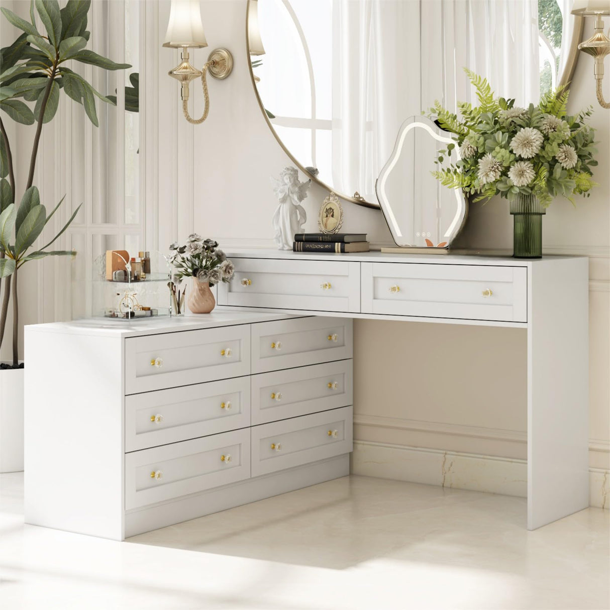 TAMUNE L-Shaped Dressing Table with 8 Drawers, Extendable Vanity Desk and Dresser Combo, Wood Vanity Dresser Makeup Desk, Wide Desktop, for Bedroom Dressing Room, White (47.8”W x 47.2”D x 31.5”H) TAMUNE