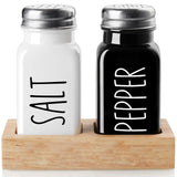 Salt and Pepper Shakers Set with Holder - Dopeca Glass Salt Shaker with Wood Caddy for Kitchen Counter or Table - Black and White Kitchen Decor and Wedding Gifts -2.7 oz dopeca