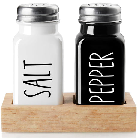 Salt and Pepper Shakers Set with Holder - Dopeca Glass Salt Shaker with Wood Caddy for Kitchen Counter or Table - Black and White Kitchen Decor and Wedding Gifts -2.7 oz dopeca