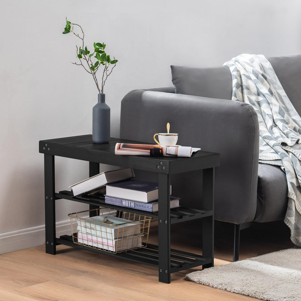 Apicizon Bamboo Shoe Rack for Entryway, 3-Tier Shoe Rack Bench for Front Door Entrance, Small Shoe Organizer with Storage, Black Apicizon