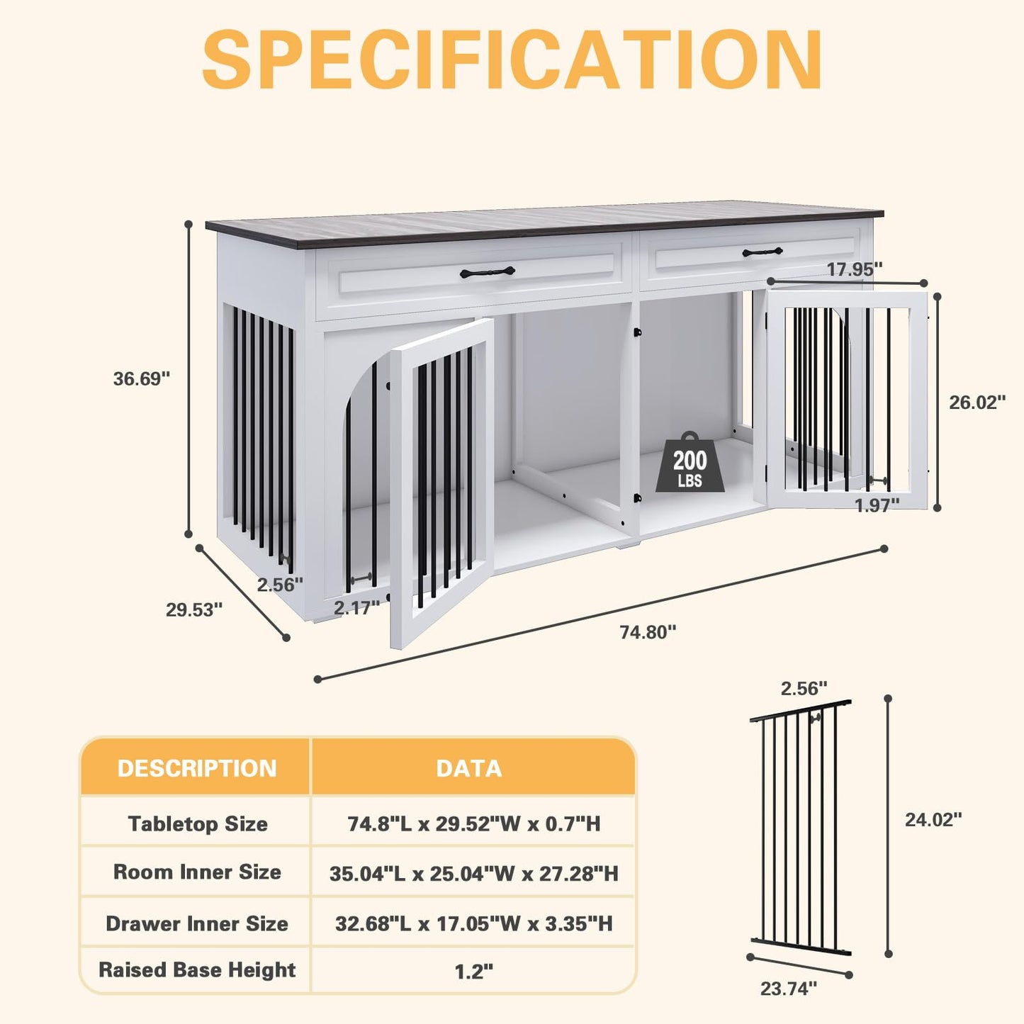 EBE Dog Crate Furniture, 74.8''Wooden Dog Crate with 2 Drawers and Removable Divider, Dog Kennel Indoor Furniture with Double Rooms, Heavy Duty Dog Crate Table Indoor TV Stand for Large Mediu - WoodArtSupply