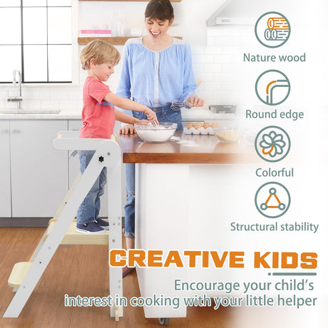 Foldable Toddler Kitchen Stool Helper, Toddler Tower with 3 Adjustable Height, Wooden Toddler Step Stool, Collapsible Toddler Tower, Toddler Stool for Kitchen and Bathroom CaMecequter