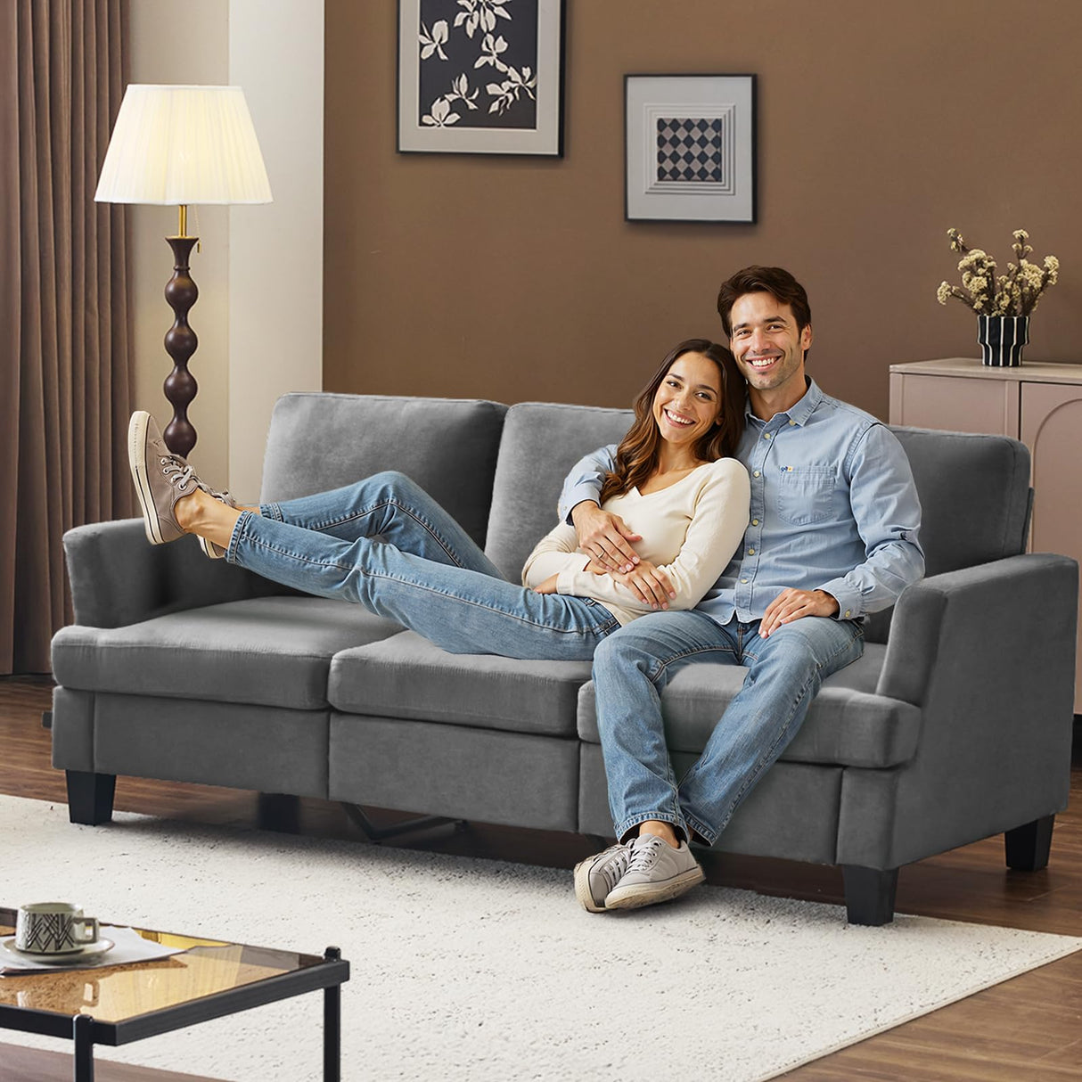 VINGLI Grey 83" Sofa Couches for Living Room, Faux Suede Modern Comfy 3 Seater Couch 25.6" Deep Seat Upholstery Cozy Sofas for Small Space, Bedroom, Apartment, Home Office VINGLI