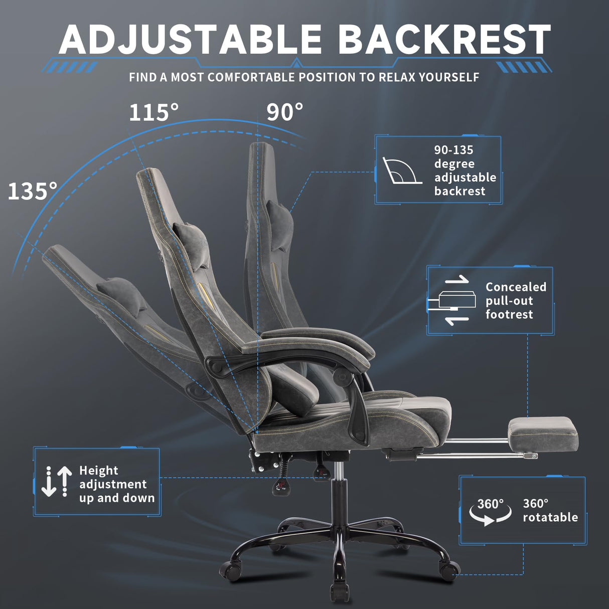 Gaming Chair, Video Game Chair with Massage Lumbar Support and Footrest, Comfortable Ergonomic Computer Chair with Linkage Armrests, Height Adjustable Racing Game Chair Pu Leather for Adults, Grey NIONIK