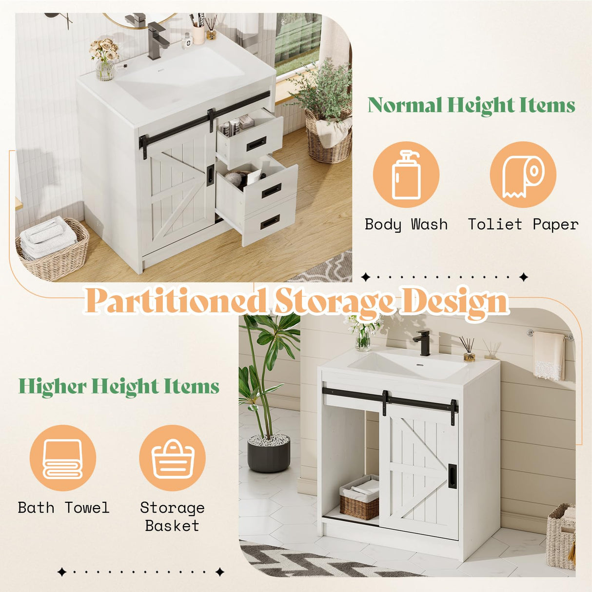 AMERLIFE Farmhouse Bathroom Vanity with Sink Combo, 31in Sliding Barn Door Bathroom Vanity Cabinet Set with Storage Drawers, Metal Handles, Small Single Bath Storage Vanity Sink, Antique White AMERLIFE