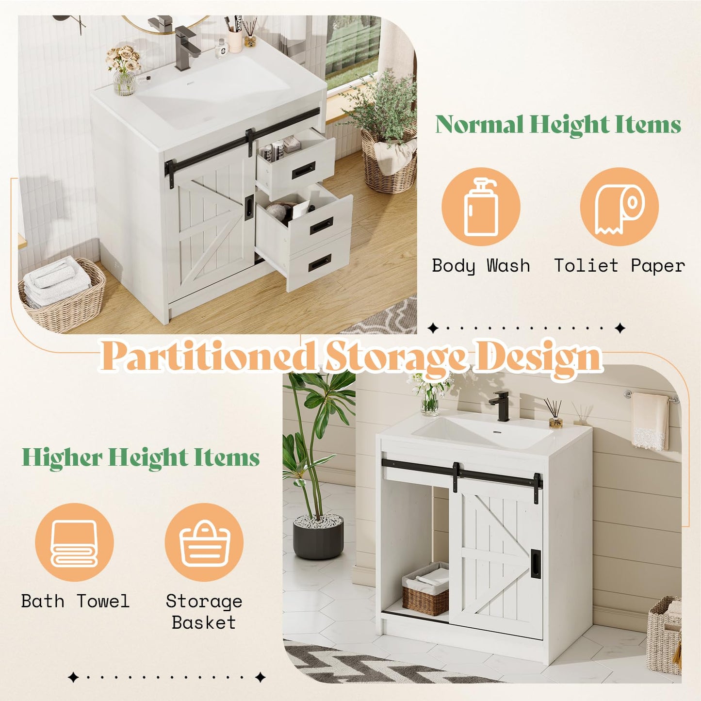 AMERLIFE Farmhouse Bathroom Vanity with Sink Combo, 31in Sliding Barn Door Bathroom Vanity Cabinet Set with Storage Drawers, Metal Handles, Small Single Bath Storage Vanity Sink, Antique Whit - WoodArtSupply