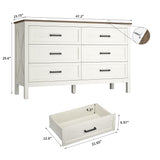 BAZELOR Farmhouse Dresser for Bedroom, 6 Drawers Dresser with Natural Texture, Wood Rustic Wide Chest for Bedroom, Hallway, Entryway, Antique White BAZELOR