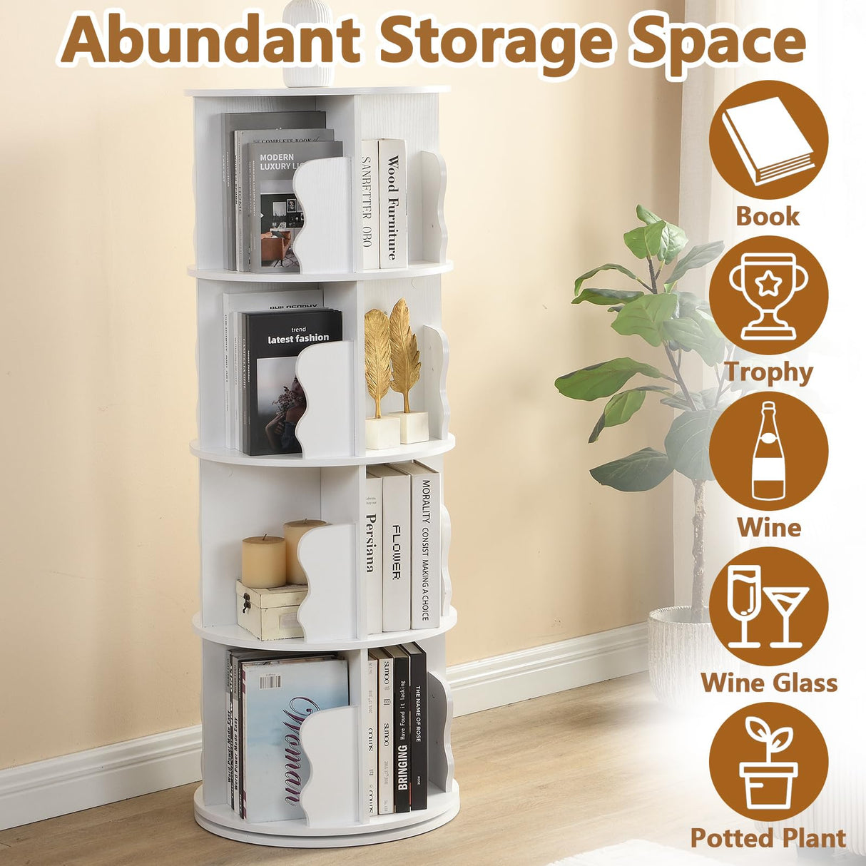 Anwick White Rotating Bookshelf Tower- 4 Tier Spinning Book Shelf for Small Space, 360 Display Circle Floor Standing Bookshelf for Kids & Adults Anwick