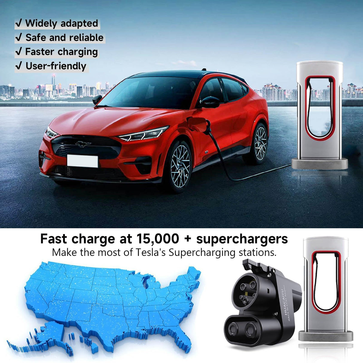Tesla Supercharger Adapter, NACS to CCS Adapter, Fast Charge Your CCS1 EV at Tesla Superchargers, Electric Vehicle Charging Adapter for Ford, Rivian, GM, Volvo and Polestar EVs HUACAITU