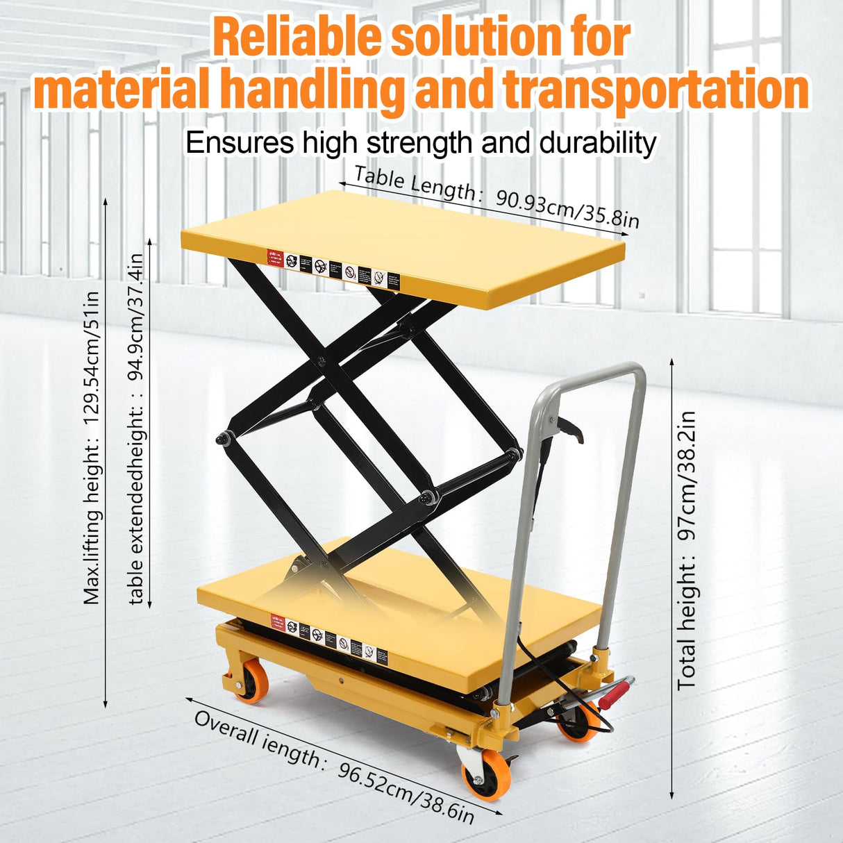 Lift Table Cart Hydraulic Double Scissor Hydraulic Lift Table 770lbs Capacity 51" Lifting Height, for Material Handling and Transportation Yellow (Double Scissor 51" Lifting) DNYSYSJ