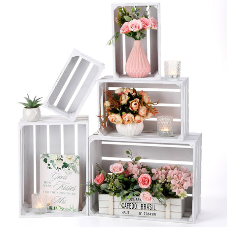 Soaoo 5 Pcs Decorative Nesting Wooden Crates for Storage Display 5 Size Large Small Rustic Wood Decorative Storage Crates with Handle Farmhouse Wood Crate Box Container Made from Pine (Vintage White) Soaoo