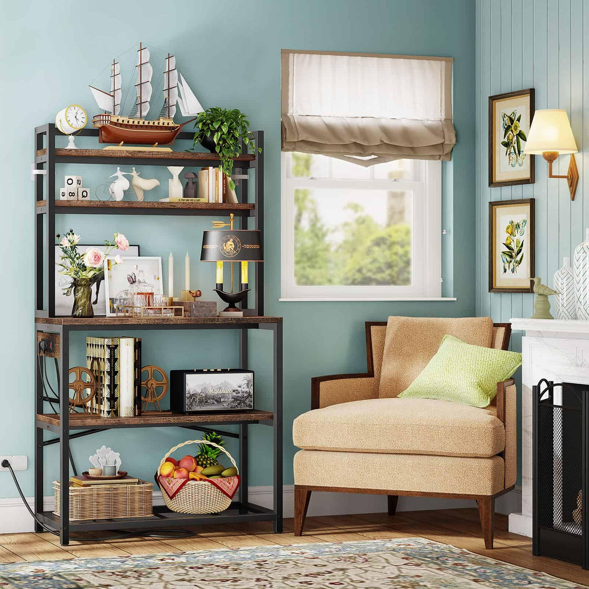 Denkee 39.4 Inch Wide Rustic Brown 5-Tier Bakers Rack with Power Outlets and Storage Solutions Denkee