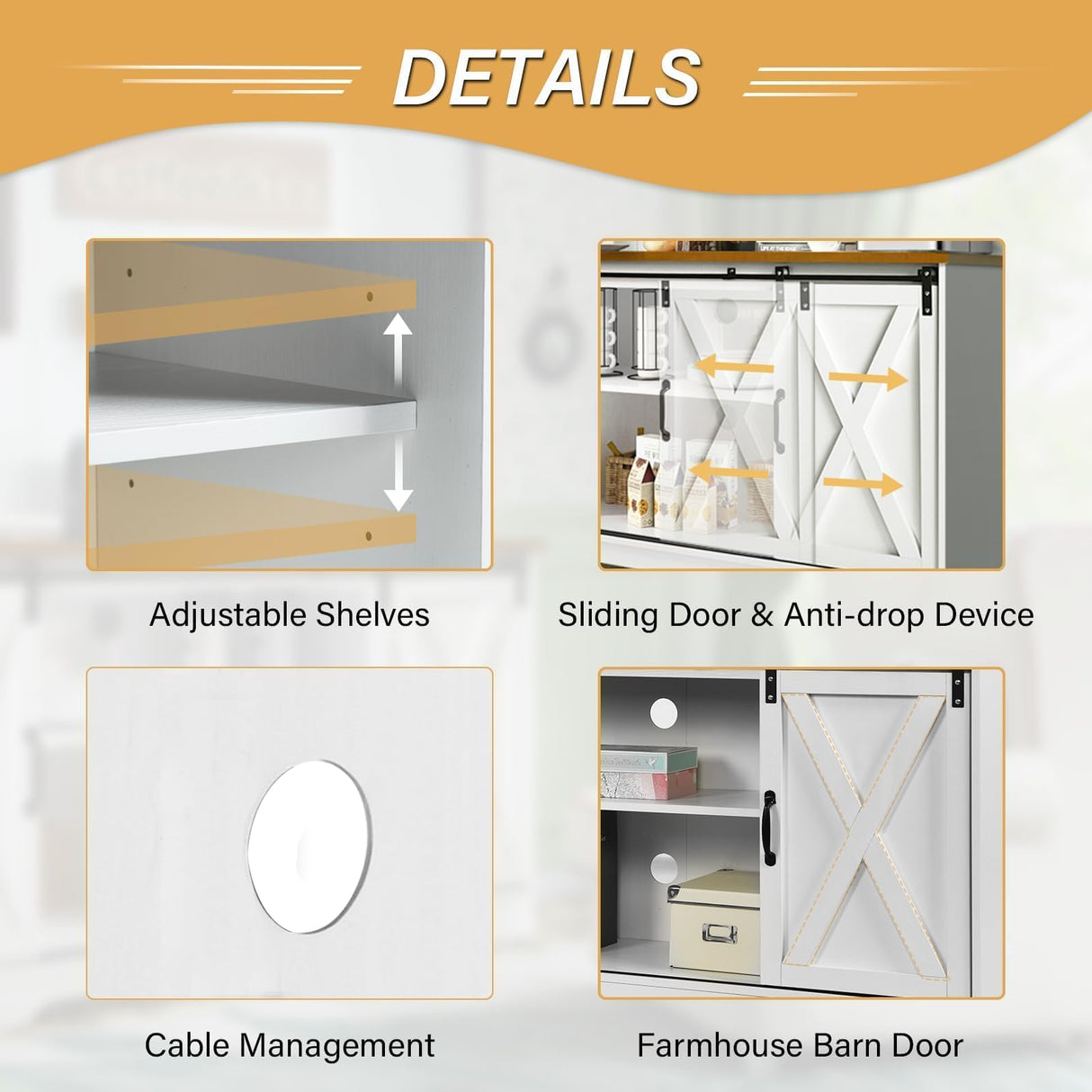 4 EVER WINNER White Coffee Bar Cabinet, Farmhouse Buffet Cabinet with Storage, 59" Sideboard Buffet Cabinet with Sliding Barn Doors, TV Stand Station Long Server Table Cupboard for Living Dining Room 4 EVER WINNER