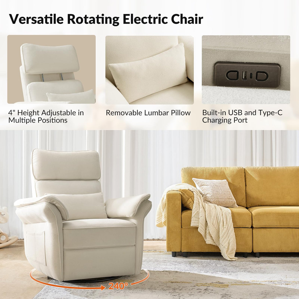 HULALA HOME Nursery Glider Recliner with Adjustable Headrest and Armrests, Power Swivel Rocker Recliner Chair with USB Port and Storage Bags, GREENGARD, FSC, CertiPUR-US® Certified, Beige HULALA HOME