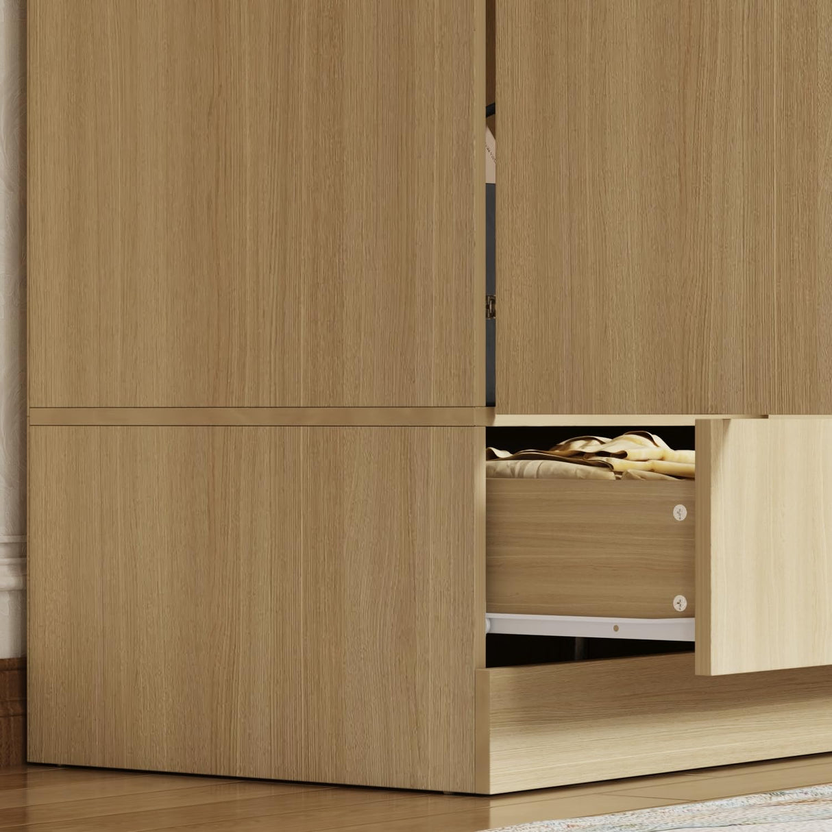 Homsee 66.9" H Modern Armoire Wardrobe Closet with 4 Doors and 2 Drawers, Clothing Storage Cabinet with 3-Tier Shelves and Hanging Rod for Bedroom, Light Brown Wood Grain Homsee