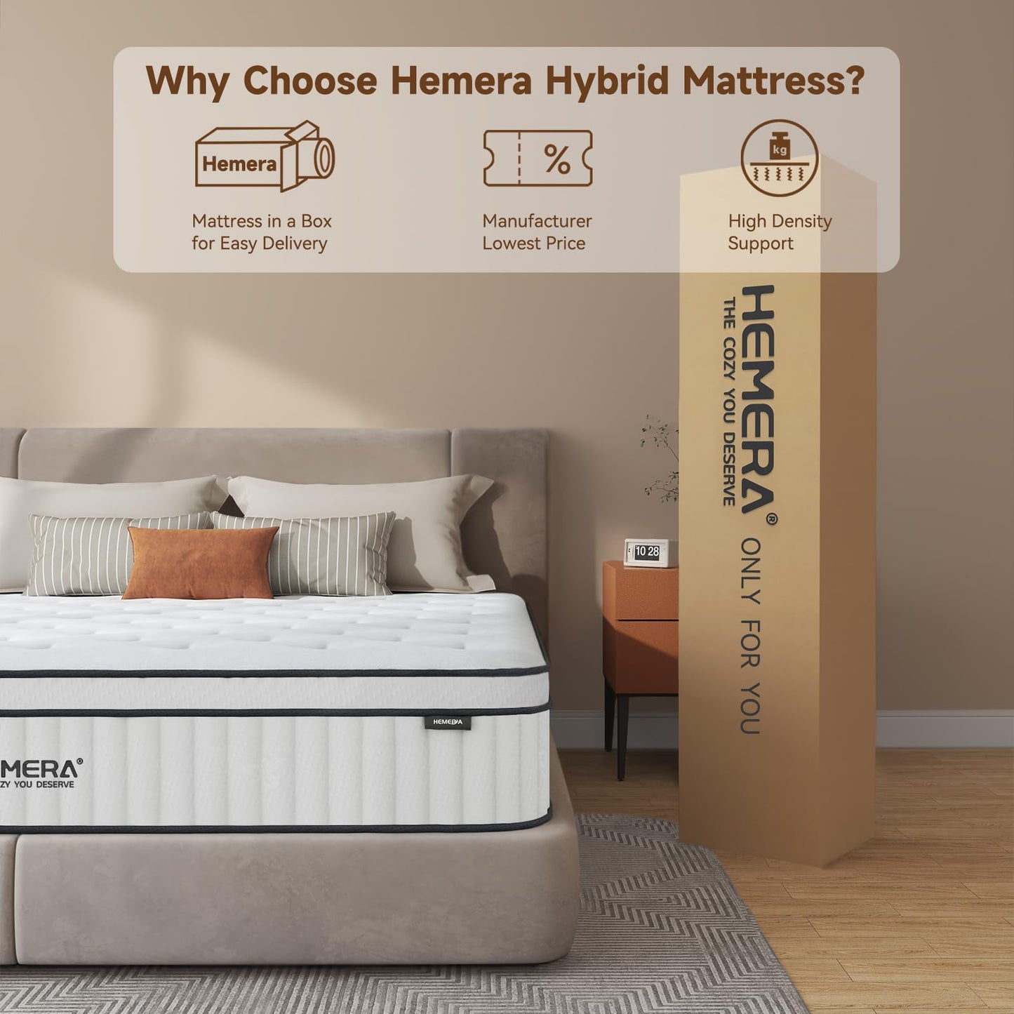 HEMERA Queen Mattress, 12 Inch Hybrid Mattress in a Box, Memory Foam and Innerspring Bed Mattress, Queen Size Mattress CertiPUR-US Certified, Pressure Relief & Supportive, Medium Firm, 80"*60"