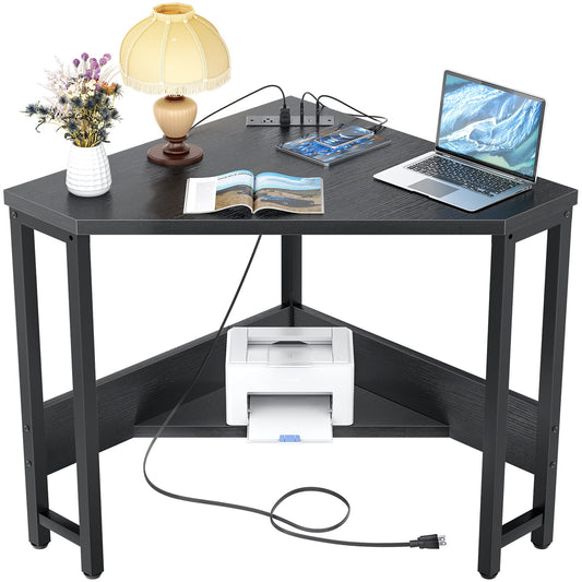 armocity Corner Desk Small Desk with Outlets Corner Table for Small Space, Corner Computer Desk with USB Ports Triangle Desk with Storage for Home Office, Workstation, Living Room, Bedroom, Black