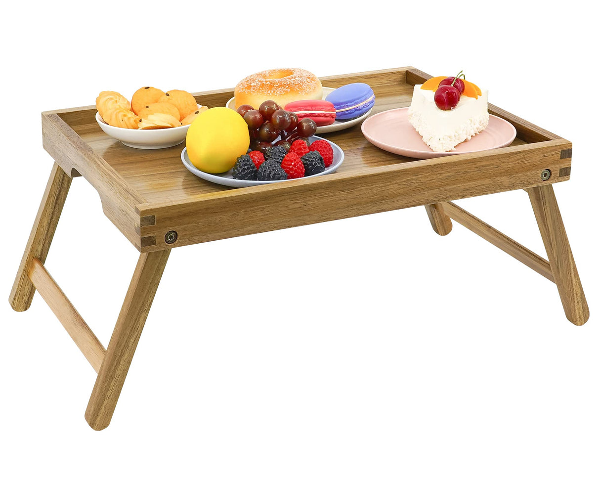 VaeFae Acacia Bed Table Tray, Wooden Breakfast Tray with Folding Legs, Bed Tray for Eating and Laptop, Eating Trays for Bedroom VaeFae