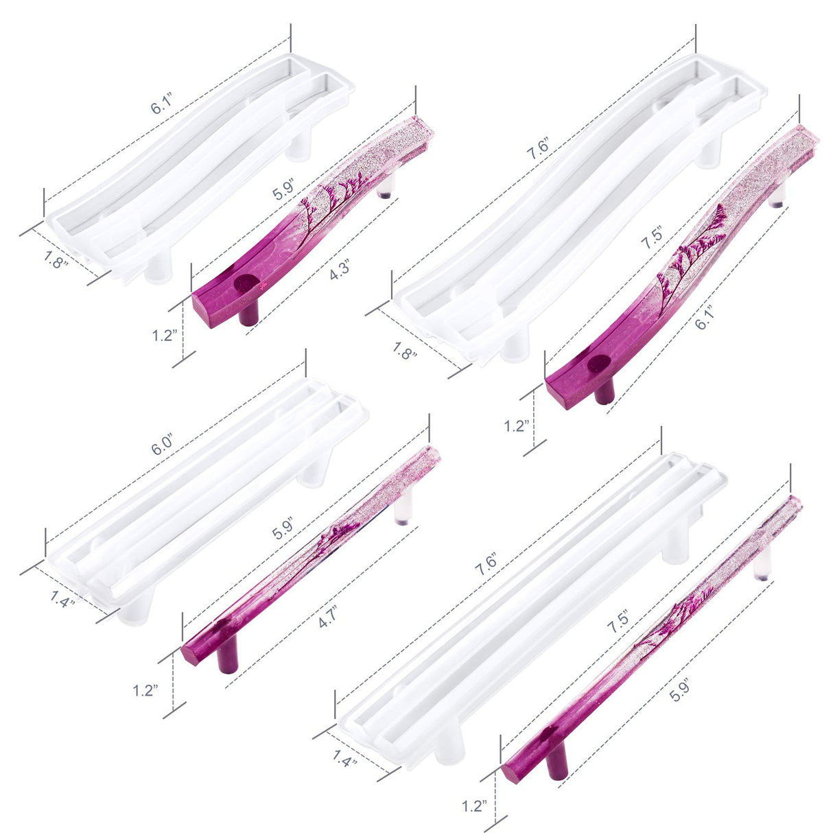 NiArt 4 Pairs Soft Silicone DIY Epoxy Resin Casting Molds, Curved Rectangle Wave + Straight Hexagon Cabinet Door Serving Tray Furniture Drawer Bar Pull Handles Agate Multipurpose Art Craft Decoration NiArt