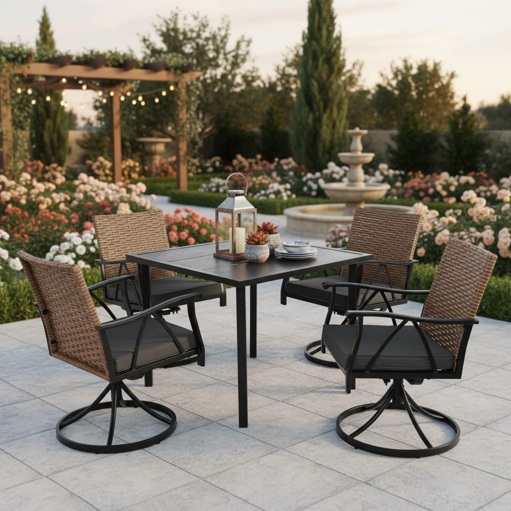 Andehomy 5-Piece Patio Dining Set for 4，Outdoor Dining Set with Wicker Swivel Patio Dining Chairs with Cushions & 1 Black Square Woodgrain Dining Table with 1.75”Market Umbrella Hole, Black & Brown Andehomy