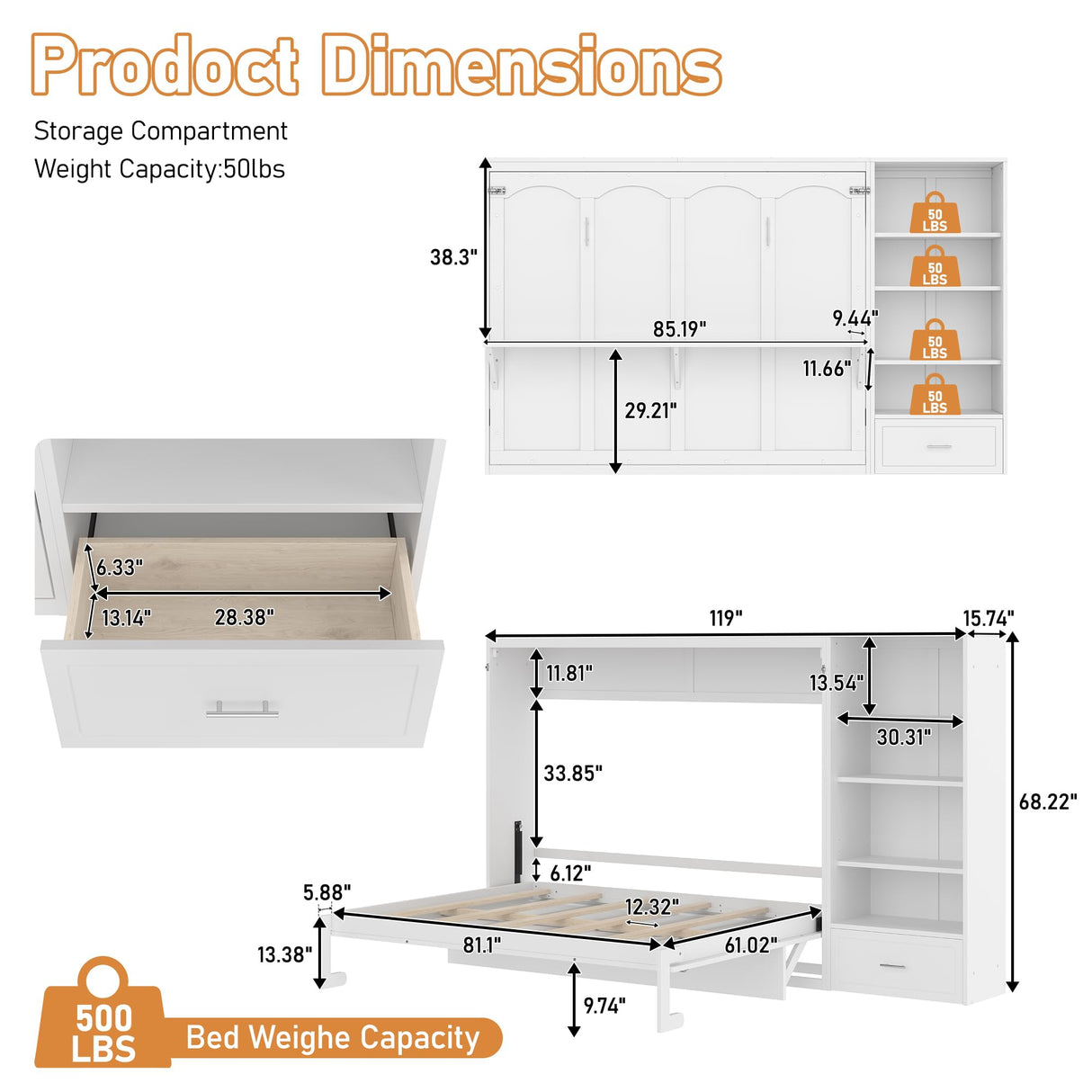 SOFTSEA Queen Horizontal Murphy Bed with Desk, Foldable Wall Bed Frame with Storage Drawers, Shelves & Movable Cabinets, Space-Saving Hideaway Murphy Bed for Small Space, White SOFTSEA