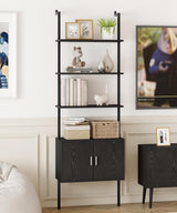 Yusong 73" Tall Bookshelf with Cabinet, Industrial Ladder Wall Mount Shelf Bookcase with Wood and Metal Frame, Plant Shelf Wall Storage Display for Living Room Bedroom, Black Wood Grain Yusong