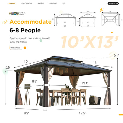 Hardtop Gazebo 10' x 13' W/Polycarbonate Double Roof, Anti-Rust Coating Aluminum Frame Permanent Outdoor Waterproof Pavilion w/Curtains & Netting, Hard Top Gazebo for Patio Backyard Garden La - WoodArtSupply