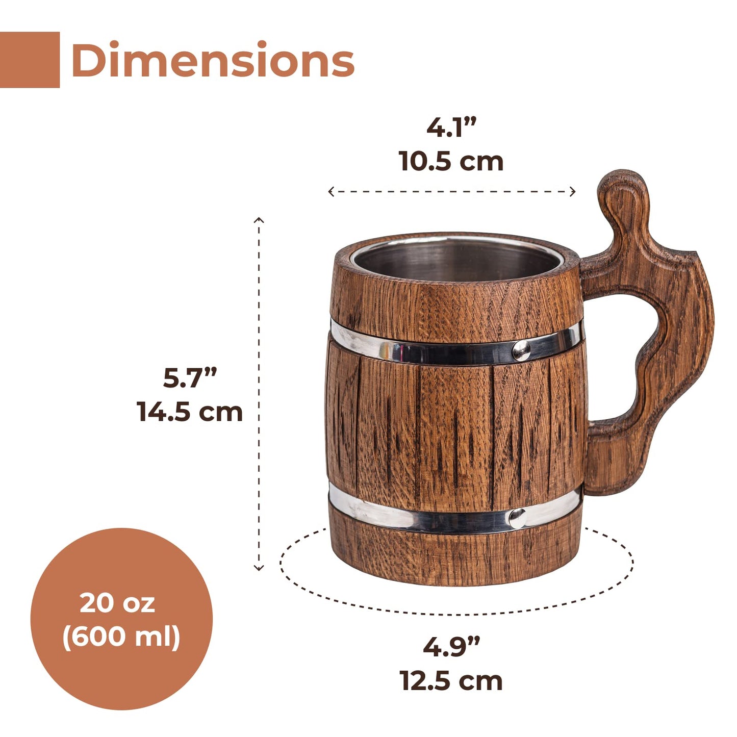 20 oz Handmade Wooden Rustic Beer Mug Real Oak Wood Stainless Steel Cup 600ml Brown - Etno Motif Wood Viking Beer Mug Stein - Beer Tankard Irish Retro Halloween Mugs - Cowboys Beer Mug - WoodArtSupply