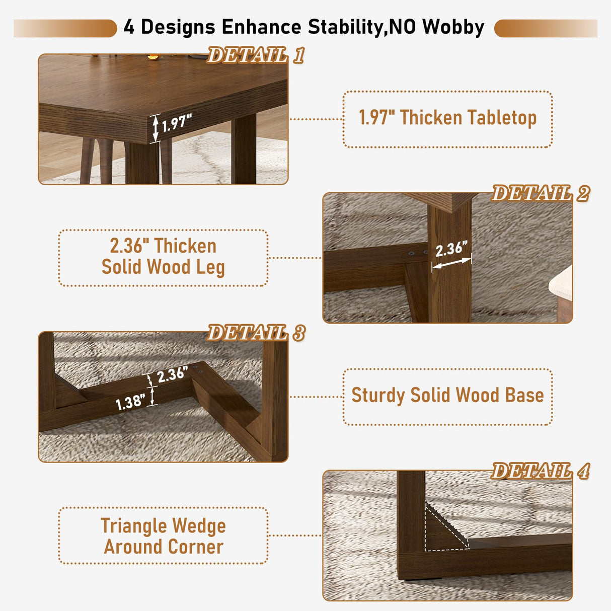 jiteentarou 71 Inch Farmhouse Dining Table, Solid Wood Rustic Kitchen Table, Large Wooden Rectangular Dinner Table for Dining Room, Home Office, Living Room Furniture, Easy Assembly, Walnut Wirebrush jiteentarou