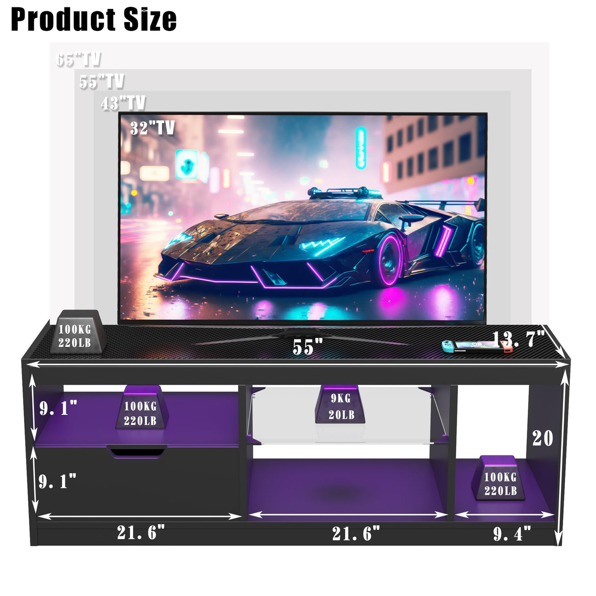 JUMMICO TV Stand, Entertainment Center LED Gaming TV Stand for 65+ Inch TV Carbon Fiber Top, Dynamic RGB Modes TV Cabinet Console with Adjustable Glass Shelves Storage Drawers (Black) JUMMICO