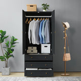LEVNARY Wardrobe Armoire Closet, 2-Door Wardrobe Cabinet with 3-Drawer and Hanging Rod, Modern Bedroom Armoire Clothing Organizer Freestanding Closet (Black) LEVNARY