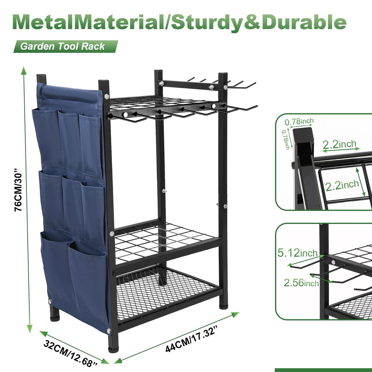 SAMRELAX Garden Tool Rack Freestanding, Heavy Duty Garden Tool Organizer, 3-tier Tool Rack, Multifunctional Yard Tool Storage with Hooks and Storage pockets for Outdoor Long-Handled Broom Shovel Rake SAMRELAX