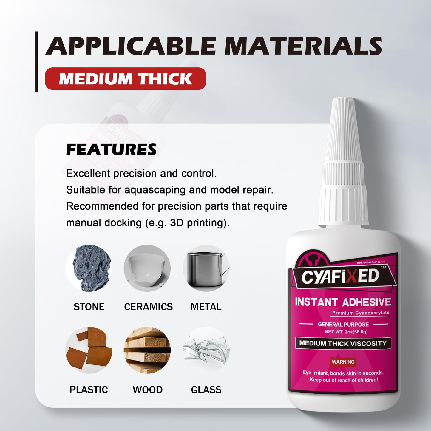 CYAFIXED Strong Cyanoacrylate (CA) Super Glue, Impact Resistant Medium-Thick Viscosity Instant Adhesive, 2 oz. (56.8 Grams) - CA Glue for 3D Printing, Aquascape and Hobby Models