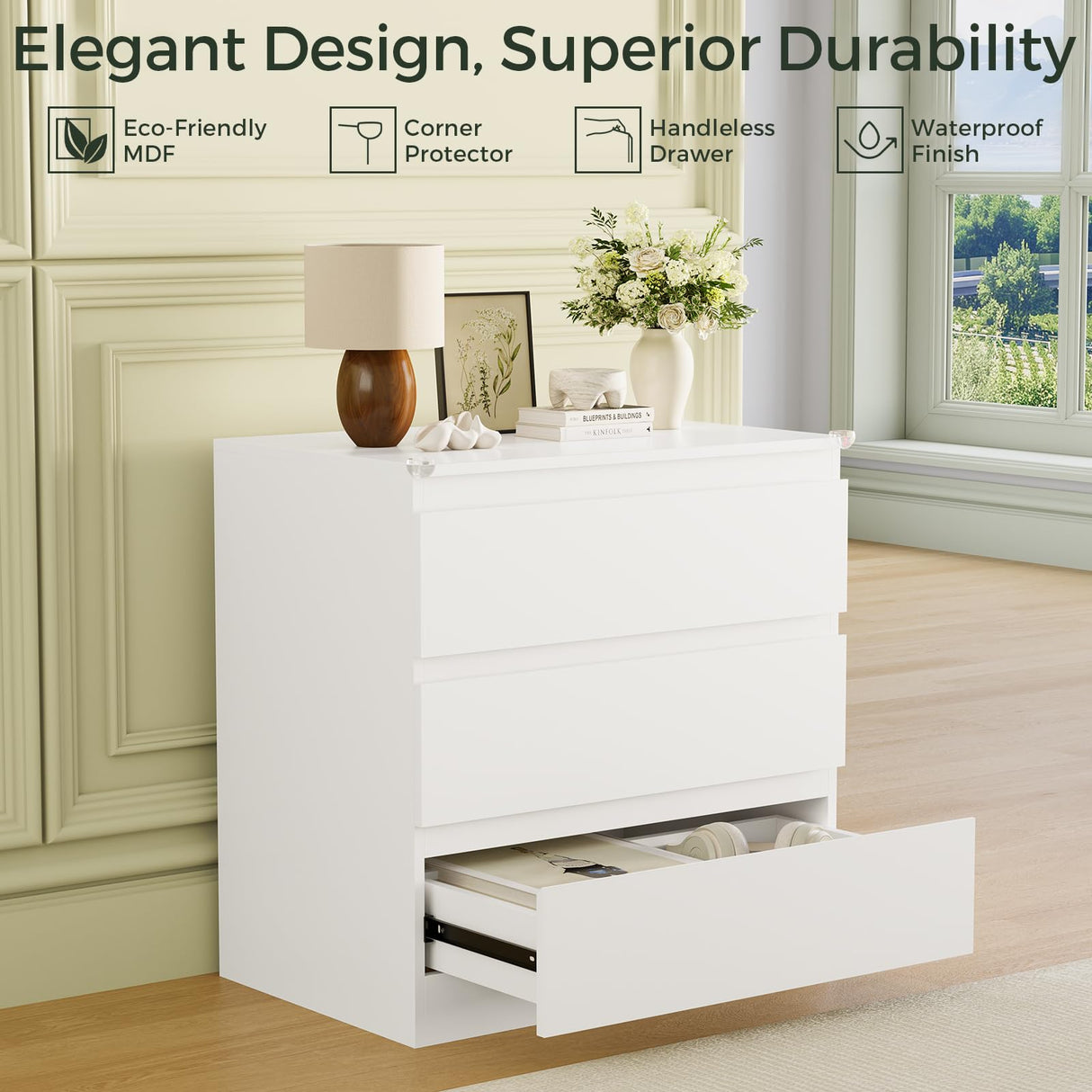 OtterOasis White Wood Dresser for Bedroom, 3 Drawer Dresser for Clothes Storage, Modern Dressers with Wide Drawers, Wide Wooden Chest Drawers for Living Room, Entryway, TV Stand OtterOasis