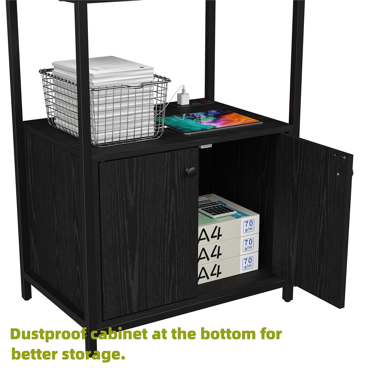 Furniouse 5-Tier Kitchen Bakers Rack with Power Outlet, Industrial Microwave Oven Stand with Storage, Kitchen Storage Shelf with Cabinet, Coffee cart, Standing Kitchen Storage Rack (Black) Furniouse