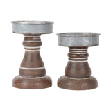 GenMous&Co. Decorative Candle Holders Pedestal Rustic Wood for Pillar Candle Farmhouse Candlestick Holder Galvanized Plate for Mantel, Dining Table, Centerpiece,Coffee Bar,Set of 2（Brown GENMOUS & CO.