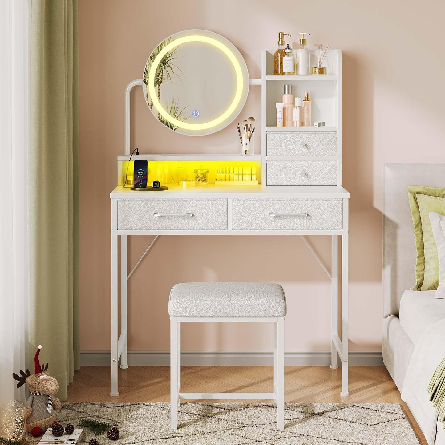 Seventable Vanity Desk with Lighted Mirror & LED Lights, Makeup Table with Power Outlet & 4 Storage Drawers, Includes Makeup Stool for Bedroom, White