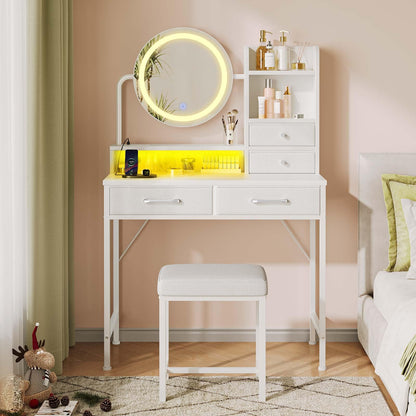 Seventable Vanity Desk with Lighted Mirror & LED Lights, Makeup Table with Power Outlet & 4 Storage Drawers, Includes Makeup Stool for Bedroom, White