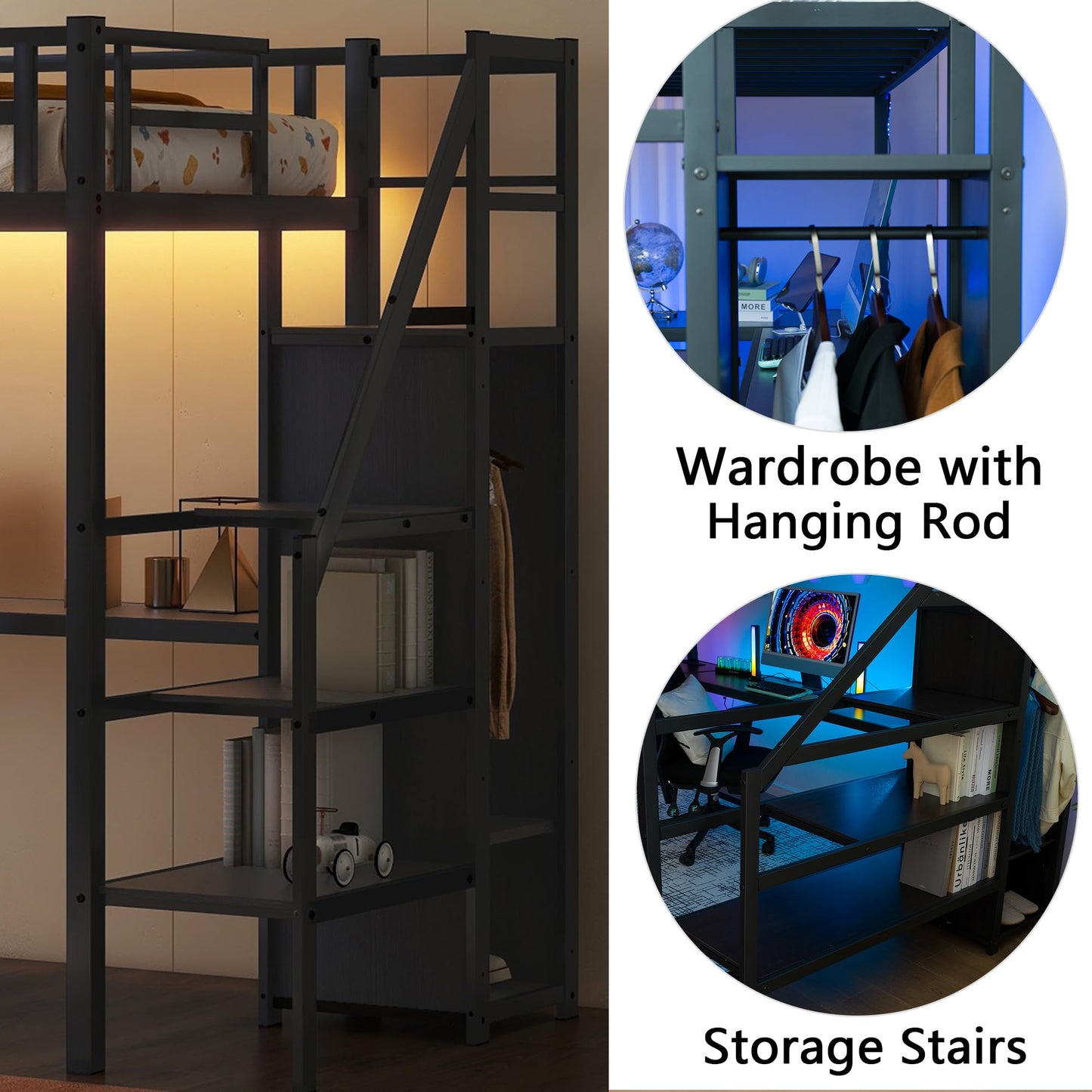 Twin XL Loft Bed with Stairs and Wardrobe, Heavy Duty Loft Bed with Desk and Storage, RGB LED Loft Bed with USB Port, Outlets and Adjustable Shelf(Black Twin XL)