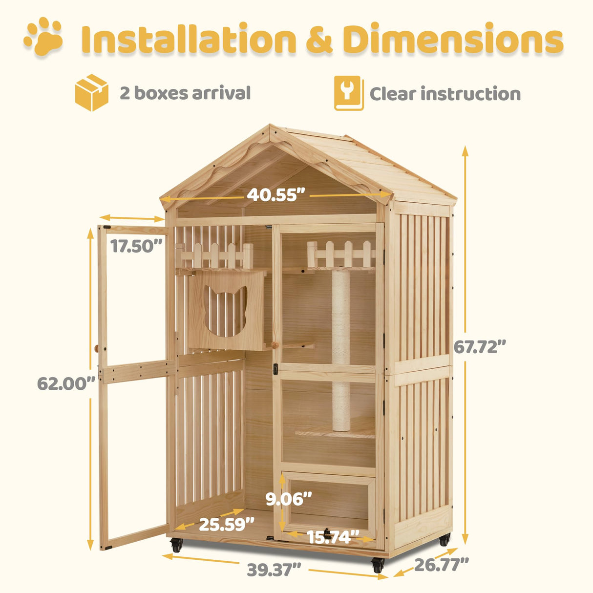 MCombo Wooden Cat House for Indoor Cats, Cat Villa with Cat Entrance, Cat Catio with Lockable Doors & Wheels, CT291 MCombo