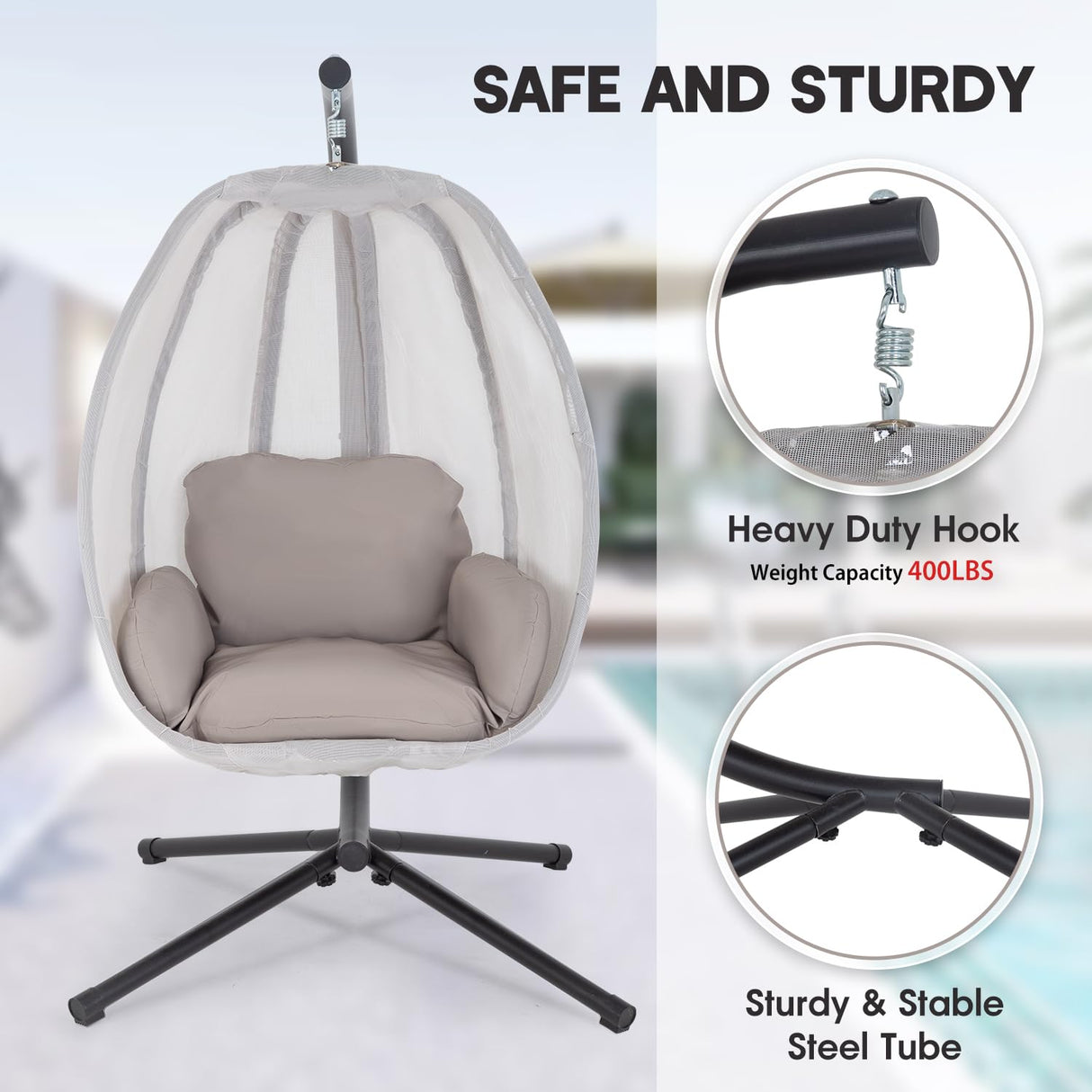 PayLessHere Egg Chair with Comfy Cushions Indoor Outdoor Hanging Chair Sturdy Heavy Duty Hammock Chair with Stand Cushions Breathable Fabric Cover for Patio Bedroom Garden Poolside, Grey PayLessHere