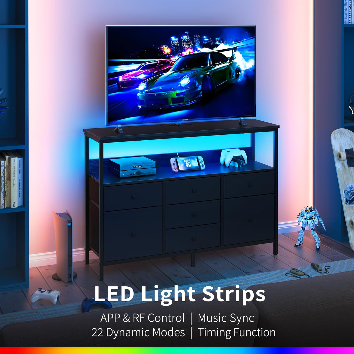 Yoobure TV Stand Dresser for Bedroom, 7 Fabric Drawers Entertainment Center, LED Dressers with Power Outlets, TV Stands for Living Room with Storage Shelf, TV Console Entertainment Stand up to 50" TV Yoobure