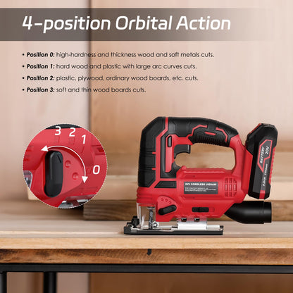 Jig Saw - 20V Cordless Jigsaw with Battery and Charger 2700 SPM Rechargeable Jigsaw with 10pcs Cutting Blades Bevel Angle (±45°) Variable Speed and 4 Orbital Function for Straight/Curve/Circl - WoodArtSupply