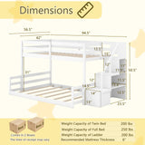KOMFOTT Wood Twin Over Full Low Bunk Bed with Storage Staircase, Wooden Bunk Bed Frame with Full-Length Guardrails, Low Profile Bunk Bed with Slats Support, No Box Spring Needed (White) KOMFOTT