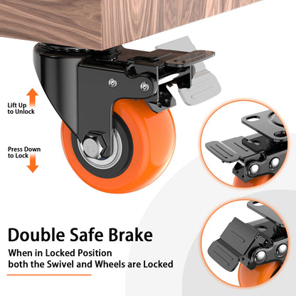 2 Inch Caster Wheels Set of 4, Heavy Duty Casters with Brake, No Noise Locking Swivel Casters with Polyurethane (PU) Wheels, Casters Wheels for Cart, Furniture and Workbench (Two Hardware Include)